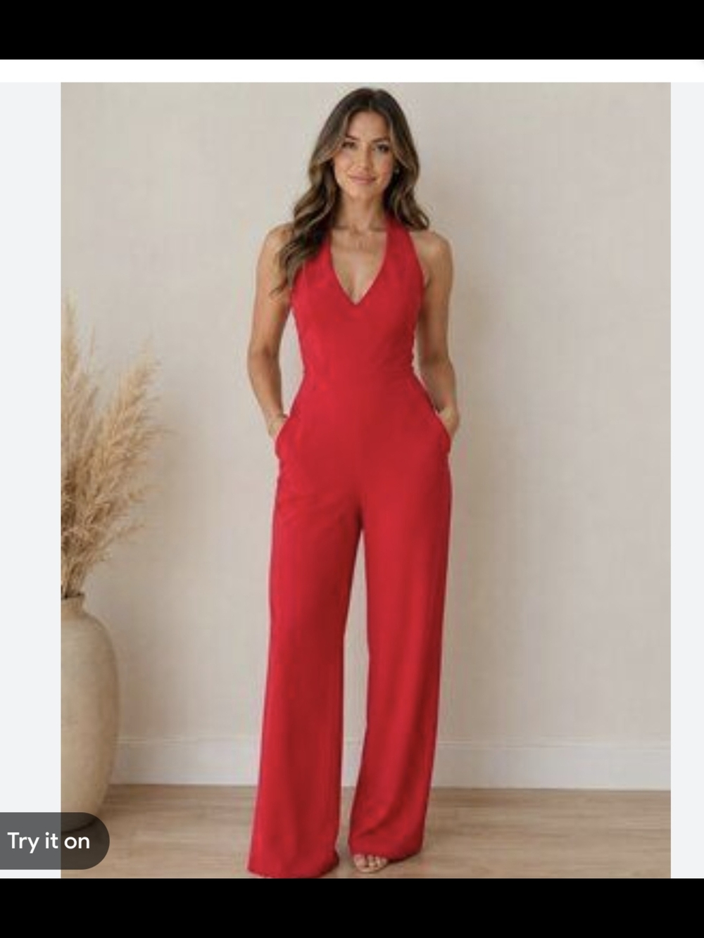 Express Red V-Neck Halter Wide-Leg Jumpsuit